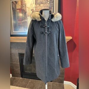 Gray Hooded Women's Coat with Faux Fur Trim